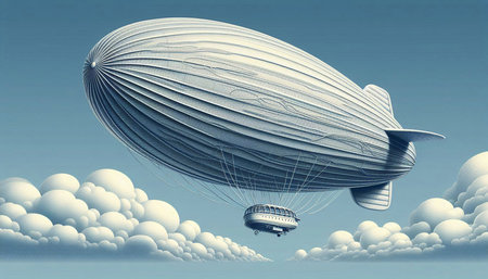 Airship in the sky with clouds. 3D illustration. Vintage style.