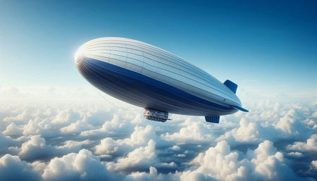 Airship in the blue sky. 3D rendering. Elements of this image furnished by NASA