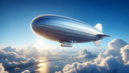 Airship flying high in the blue sky. 3D rendering.