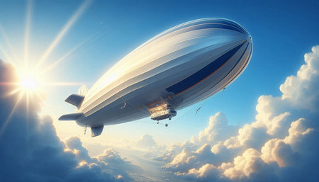 Airship in the blue sky. 3d render and illustration.