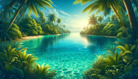 Tropical island with palm trees and turquoise water.