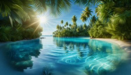 Tropical beach with palm trees and blue water. 3d render