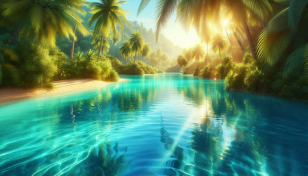 Beautiful tropical island with palm trees and swimming pool. 3d render
