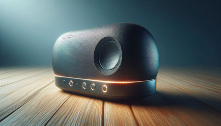 Black speaker on a wooden background. 3d illustration. Front view.