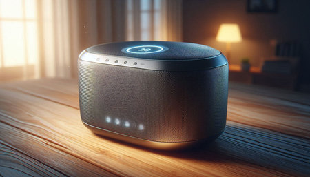 Wireless speaker on the wooden floor in the room. 3d rendering