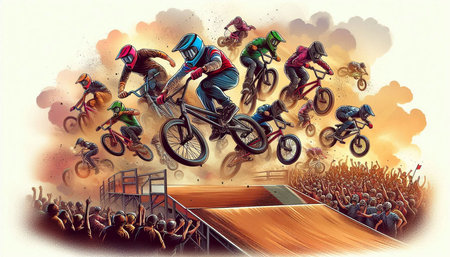 Bmx riders performing tricks in a skatepark. Vector illustration.