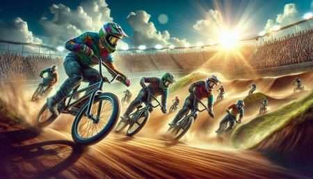 Cyclists in action at motocross race. 3D rendering