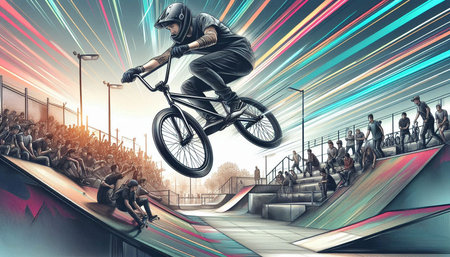 Bmx rider performing tricks at skatepark. 3D Rendering