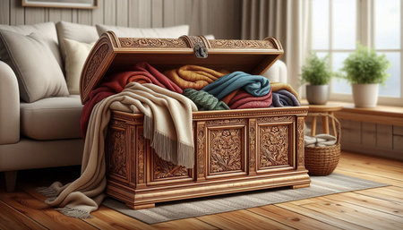 Wooden chest with clothes on the floor in living room. 3d rendering