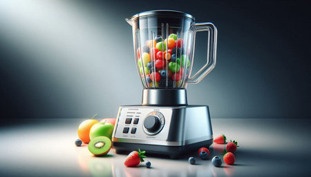 blender with fruits and berries on a white background. 3d rendering