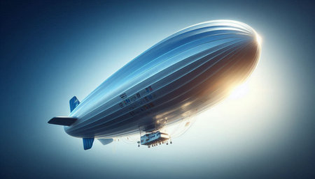 Airship with blue light effect. 3D rendering. Vintage style.