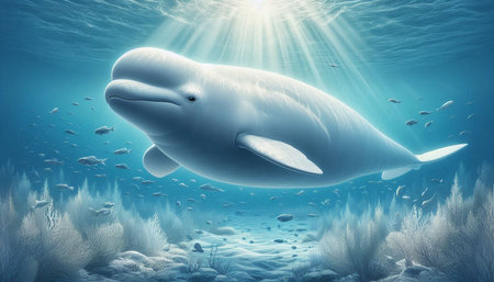 White whale swimming in the ocean. 3D illustration. Underwater world.