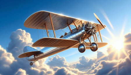 3D rendering of a vintage biplane flying in the blue sky
