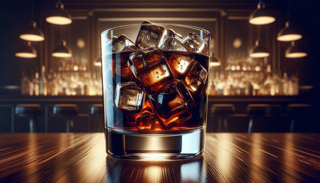 Glass of whiskey with ice cubes on bar counter. 3d rendering