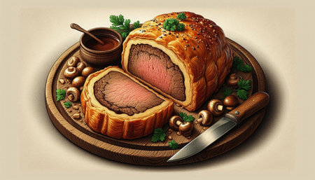 Piece of roast beef on a wooden plate with herbs and spices