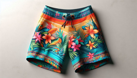 Colorful summer shorts with floral pattern on white background, top view