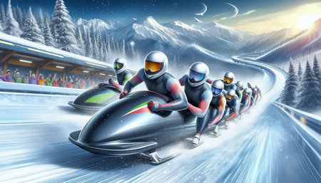 Group of people riding a snowmobile in the mountains. 3D rendering