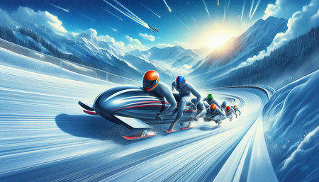 snowmobile race in the mountains, 3d illustration, horizontal