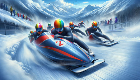 Snowmobile race in the mountains. 3d illustration. High resolution.