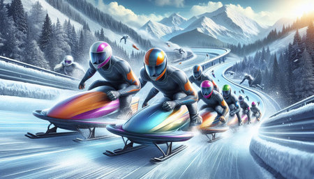 Group of people on snowmobile racing on winter road. 3D rendering