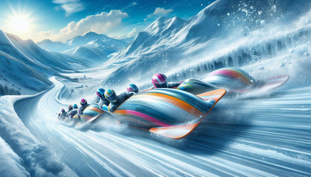 Snowboarders on the mountain road. Extreme winter sport. 3D rendering