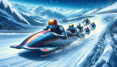 snowmobile race on the road in the mountains. 3d rendering