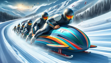 3D rendering of a group of people riding a snowboarder