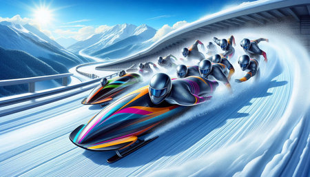 Snowmobile race on the road in the mountains. 3D rendering