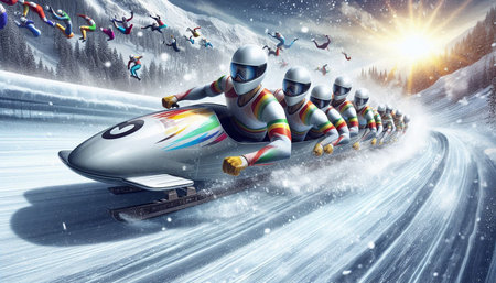 Snowboarder riding a fast snowmobile. 3D rendering.