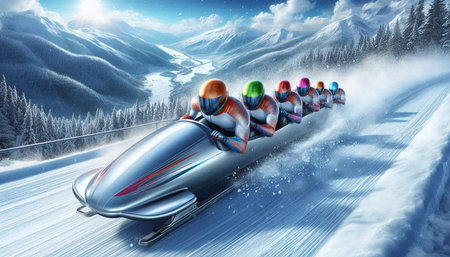 Bobsleigh race in the winter mountains. 3D rendering.