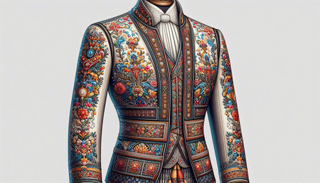 Ornamented body of a man in a suit with a bow tie