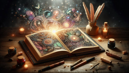 Magic book with feathers and bokeh lights. Fantasy background.