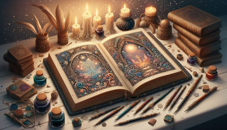 Old magic book with candles and incense on a wooden table.