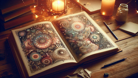 Open book with drawing on pages and candles on wooden table, closeup