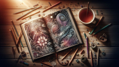 Top view of sketchbook on wooden table with pencils and paints