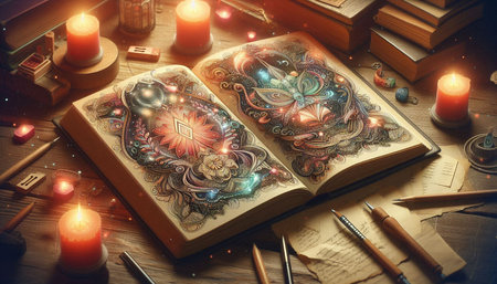 Mystic magic book. Fantasy background. 3d rendering toned image