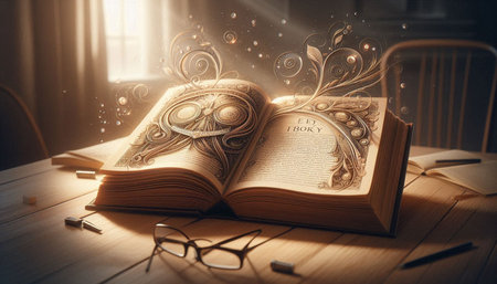 Open book with vintage decoration on wooden table. Vintage filtered image.