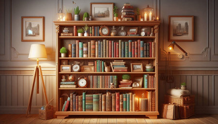 3d render of bookshelves with books and decorations in vintage interior