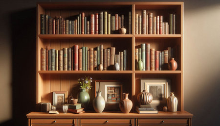 Bookshelf with books and vases in the interior of the room