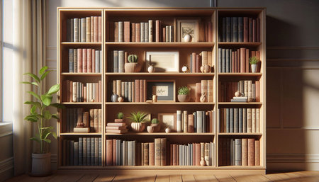 Wooden bookshelves with books and decorations. 3d rendering