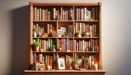 Bookshelf with books and decorations. 3d illustration. Vintage style.