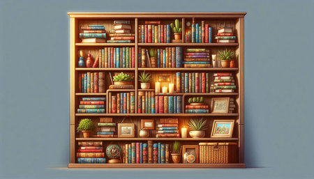 Wooden bookshelf with books and decorations. Vector illustration.
