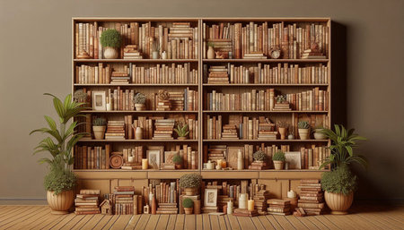 3d rendering of a bookshelf with books and plants.