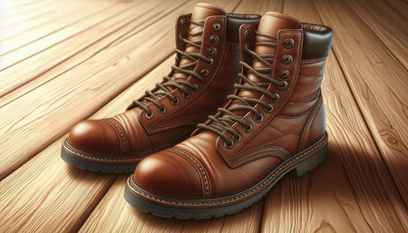 Pair of brown leather boots on wooden background. 3d render