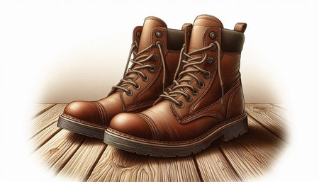 Pair of brown men's boots on a wooden floor with copy space
