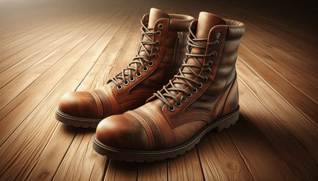 Pair of brown leather boots on wooden floor. 3d illustration
