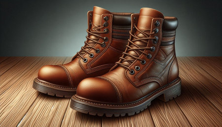 Men's winter boots on a wooden background. 3d illustration.