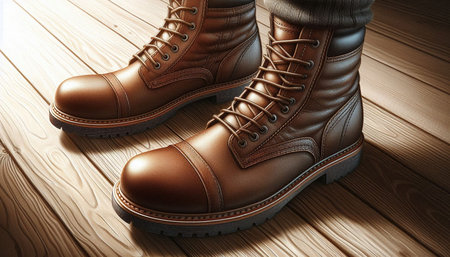 Pair of brown boots on a wooden background. 3d rendering