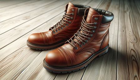 Pair of brown leather boots on wooden background. 3d render