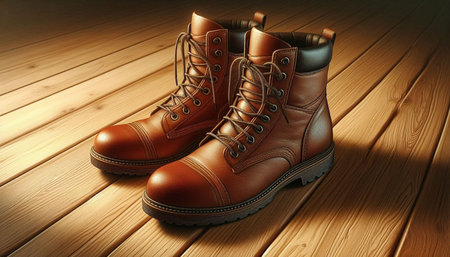 Pair of brown leather boots on wooden background. 3d illustration